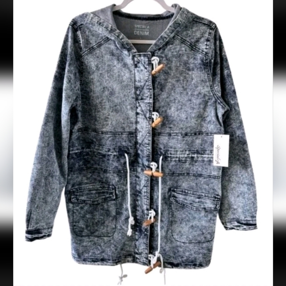 Rare Special A Denim Women's Acid Wash Hooded Urban Casual Toggle Jacket Size L. - Picture 2 of 9